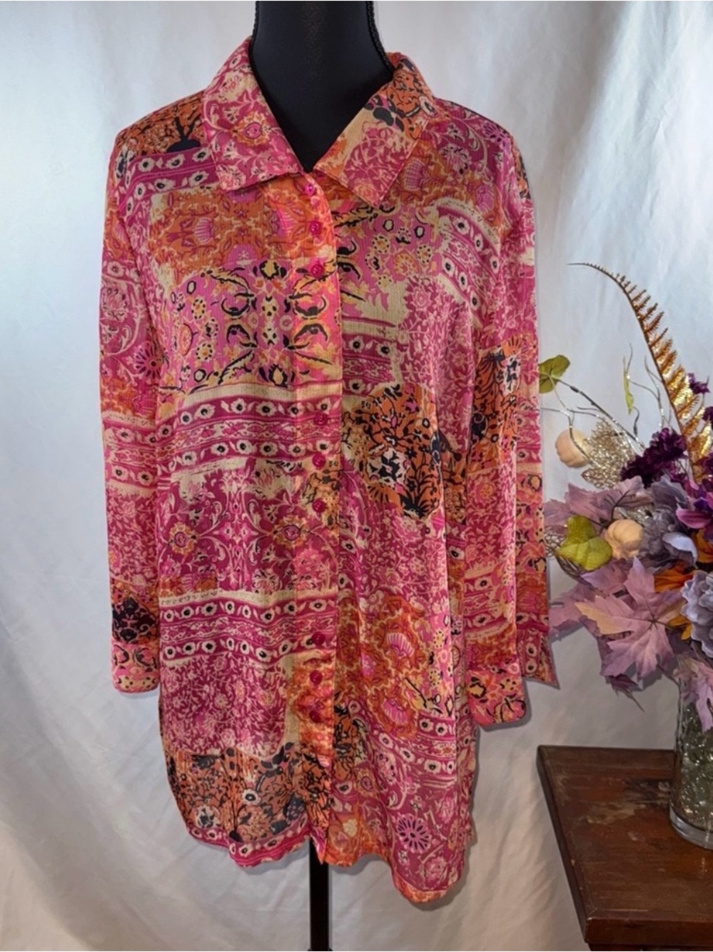 Napa Valley Boho Patchwork Tunic Shirt Pink Orange Long Sleeve